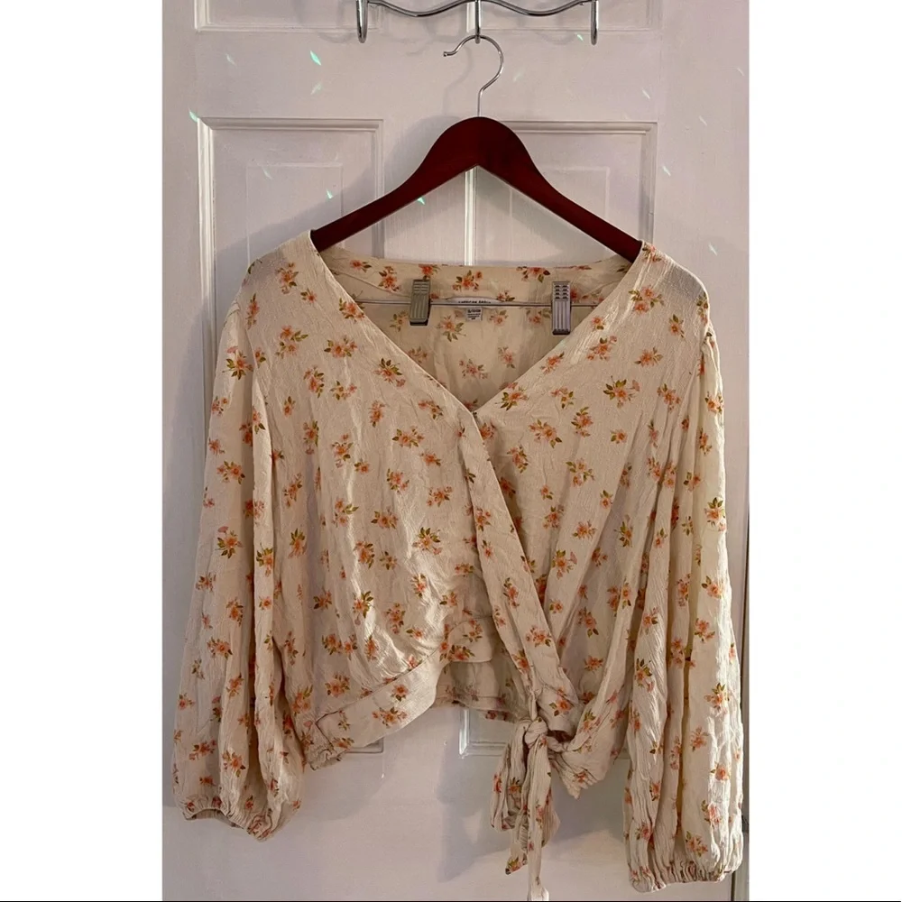 American Eagle Floral Blouse with Mock Wrap Tie - Picture 1 of 1